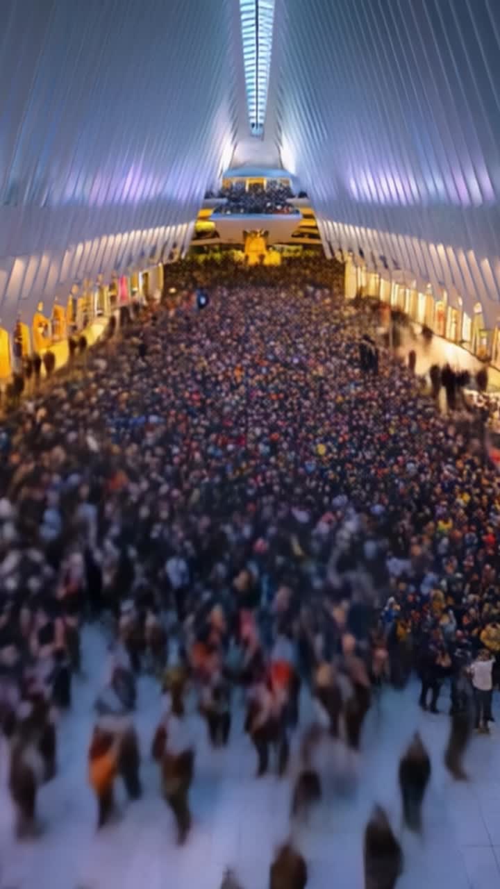 Una folla vivace riunita in un ampio hub di transito urbano, che evidenzia l'energia e il movimento di una vita cittadina frenetica in un vivace contesto architettonico.