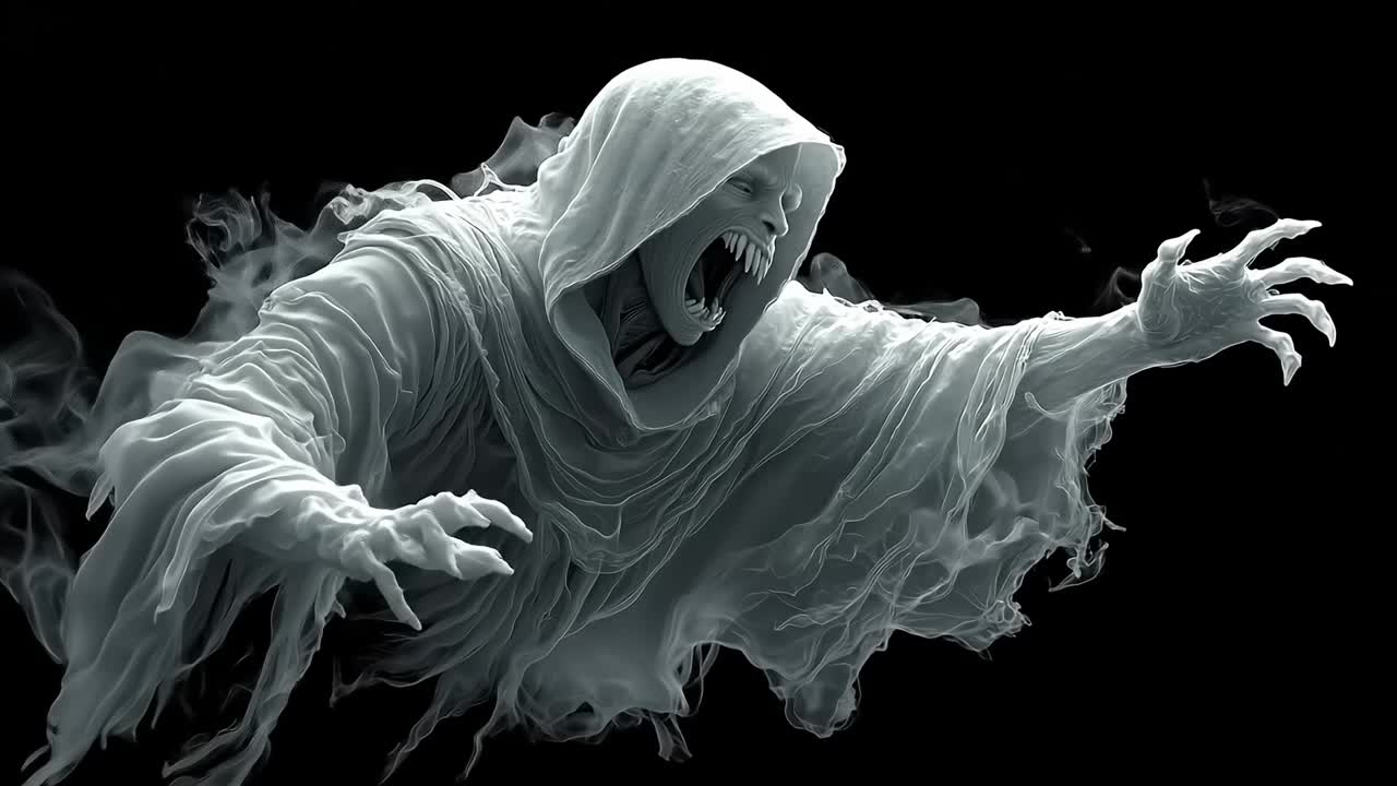 A ghostly figure in a white robe with a hooded cloak and a hoodie