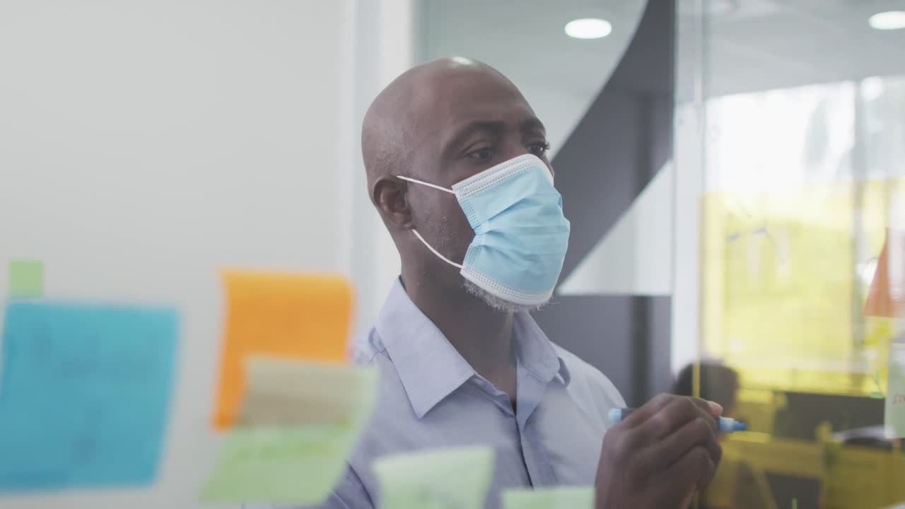 African american businessman in face mask brainstorming, writing on board with memo notes in office