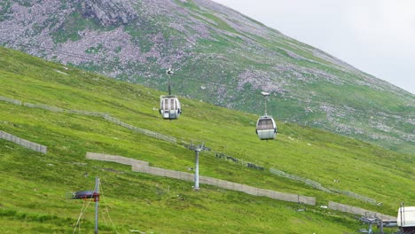 las bandejas grises del teleférico transportan pasajeros a la cima de la montaña escocesa más alta ben nevis con el paisaje montañoso en el fondo