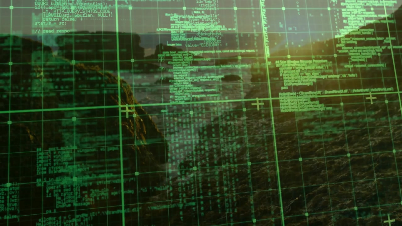 After green grid UI appearing over ocean sunset code scrolling scanning coast, camera drifting left