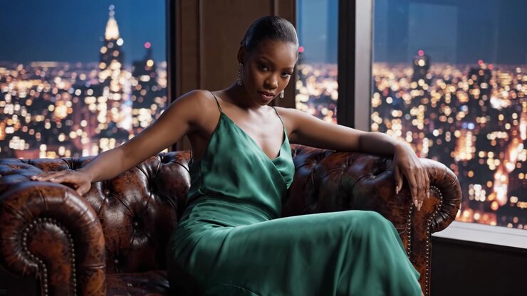 Una Serata Incantevole: Una Donna Elegante in Abito di Raso Verde Siede con Grazia su un Divano in Pelle Vintage con Vista su uno Splendido Skyline Notturno della Città