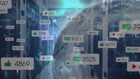 animation of network of connections with social media icons over computer servers