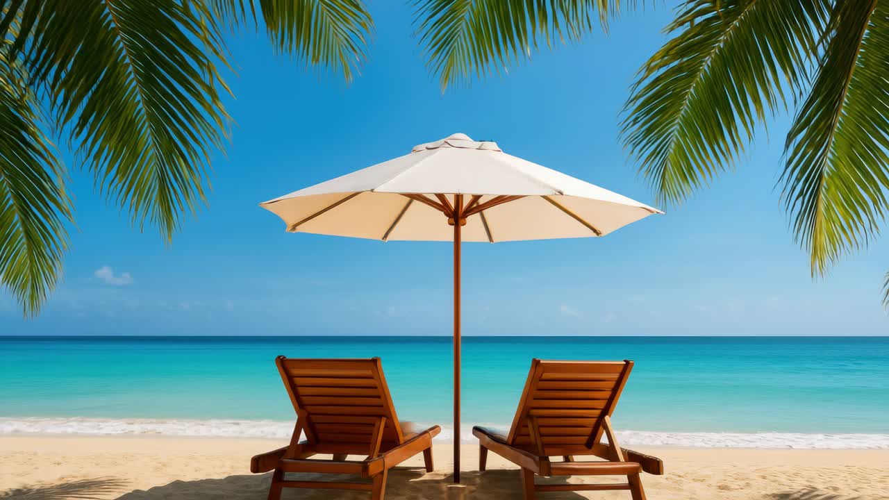 Una serena scena di spiaggia con due sedie a sdraio in legno sotto un ombrellone bianco, ripresa da un angolo basso
