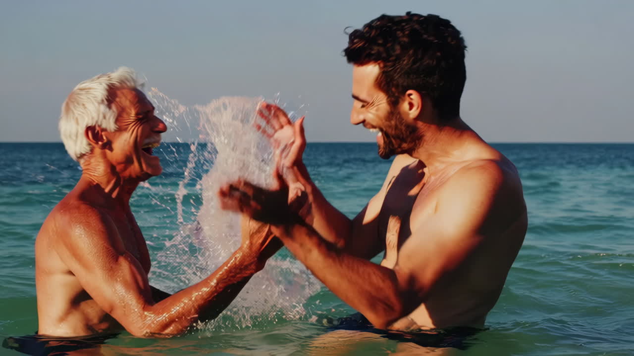 Father and son laughing and splashing in the ocean