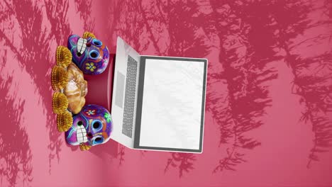 día de los muertos festival, dia de muertos, maqueta de diseño, portátil, plantilla, méxico, calaveras, flores tradicionales y pastelería, fondo rojo, vertical