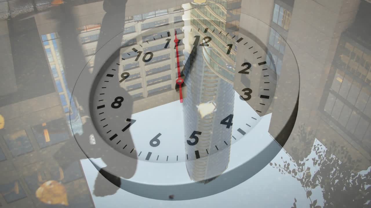 Man stepping forward by puddle on sidewalk, causing clock overlay rotating, marking time for design