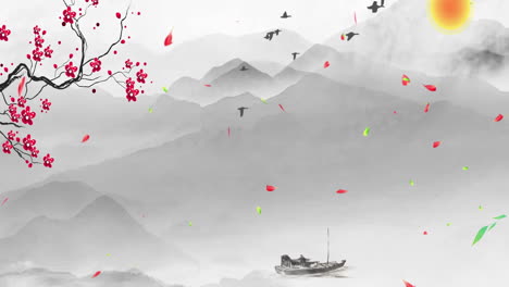 serene chinese ink wash landscape with blossoms and boat