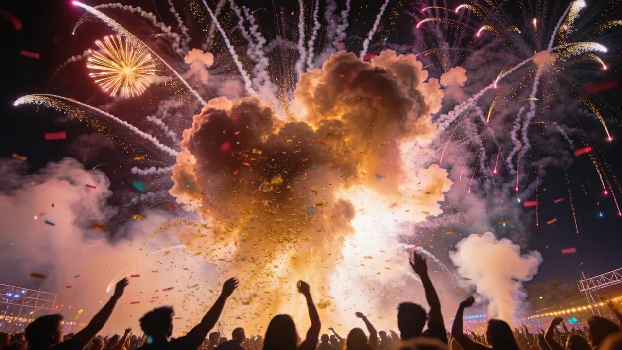 Celebrating dark crowd in casuals raising arms at concert as fireworks bursting, smoke and confetti