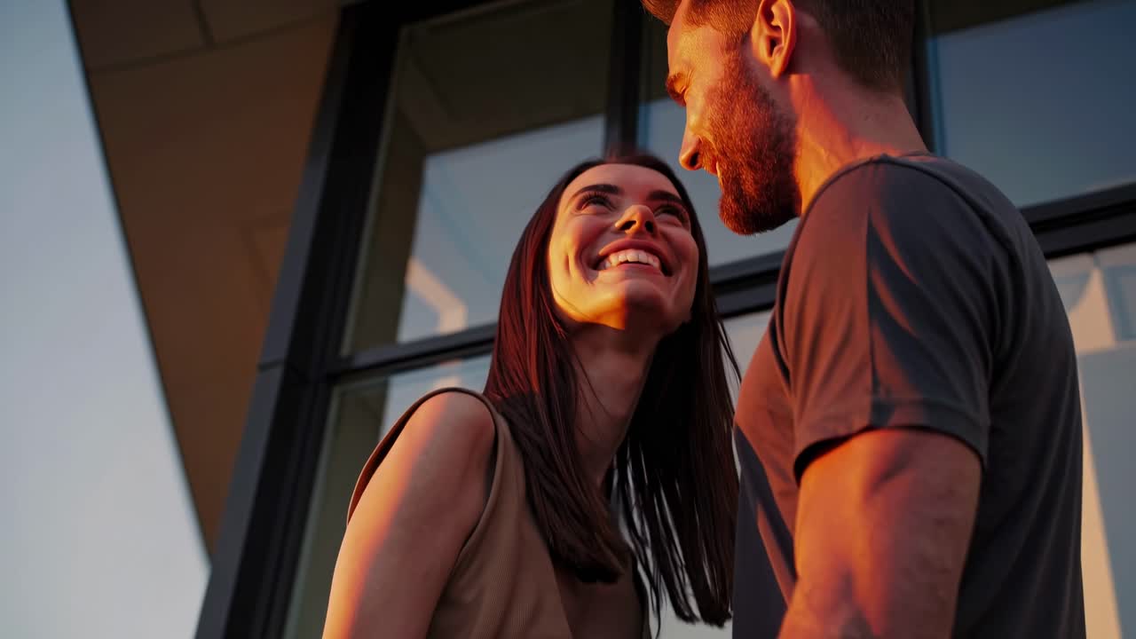 Inquadratura dal basso di una coppia sorridente contro un edificio moderno, che cattura un'atmosfera video calda e cinematografica.