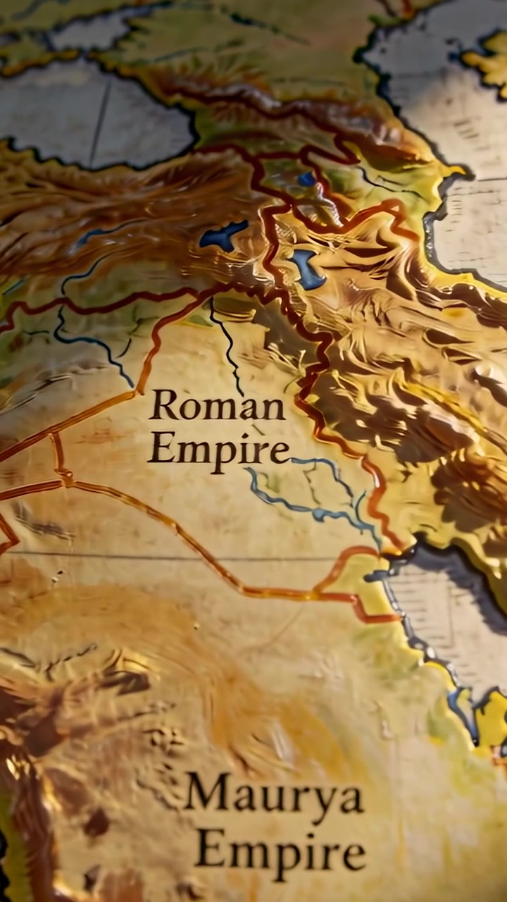 Video vertical: Cámara paneando hacia el este sobre un mapa en relieve en una mesa, revelando las etiquetas de Roma y Maurya.
