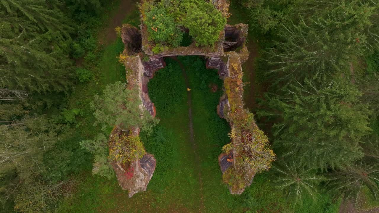 Veduta aerea delle rovine di San Giovanni Battista circondate da una foresta verde, Kocov, Ceca
