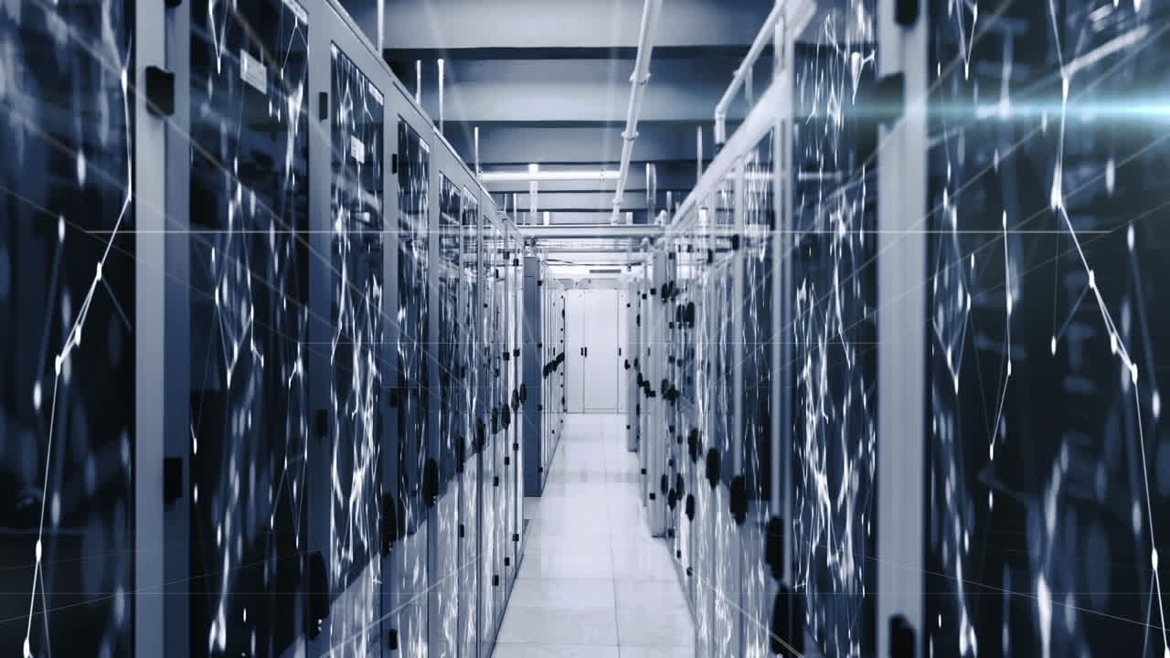 animación del punto de luz y la red de conexiones contra la sala de servidores de computadoras