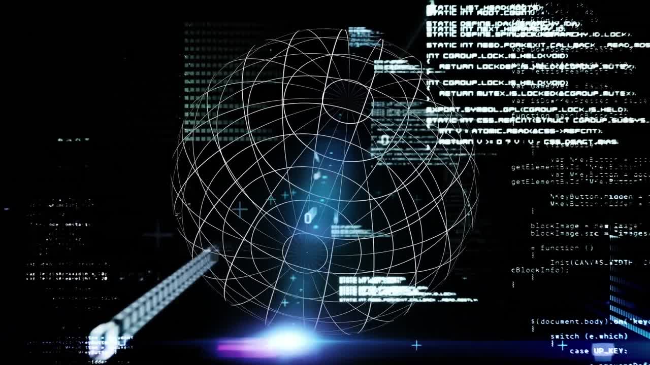 Animation of data processing over spinning globe against blue light spot on black background