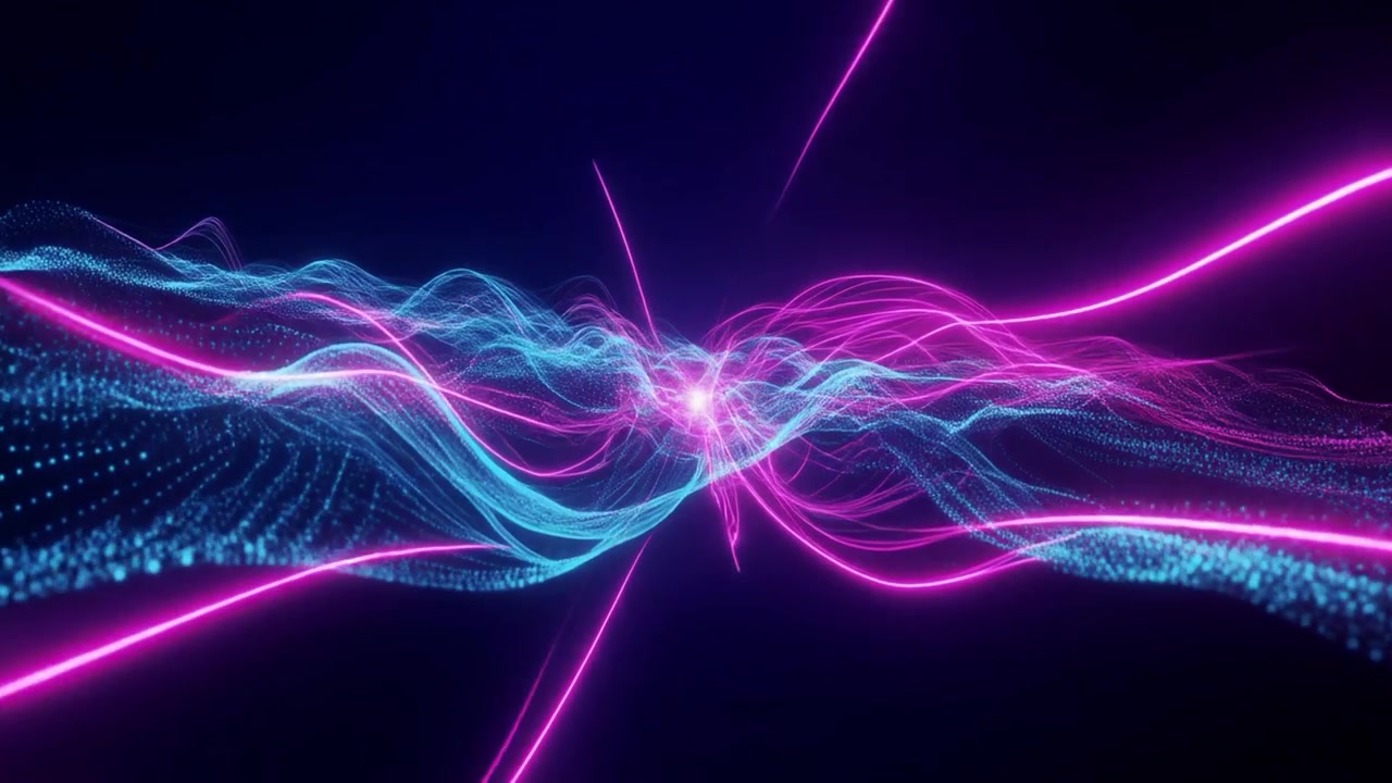 Abstract Digital Waves of Neon Pink and Blue Light Particles
