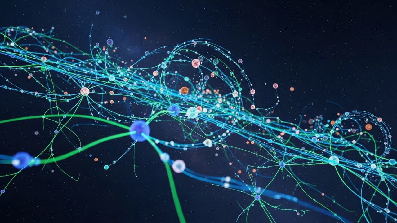 A Stunning Visualization of Dynamic Interconnected Particles and Energy Ripples in a Dark Space Setting, Showcasing Complex Patterns and Interactions within a Cosmic Environment