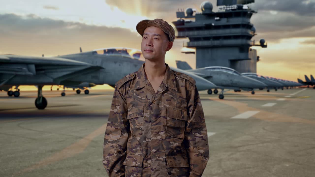 Military Personnel on Aircraft Carrier Deck at Sunset