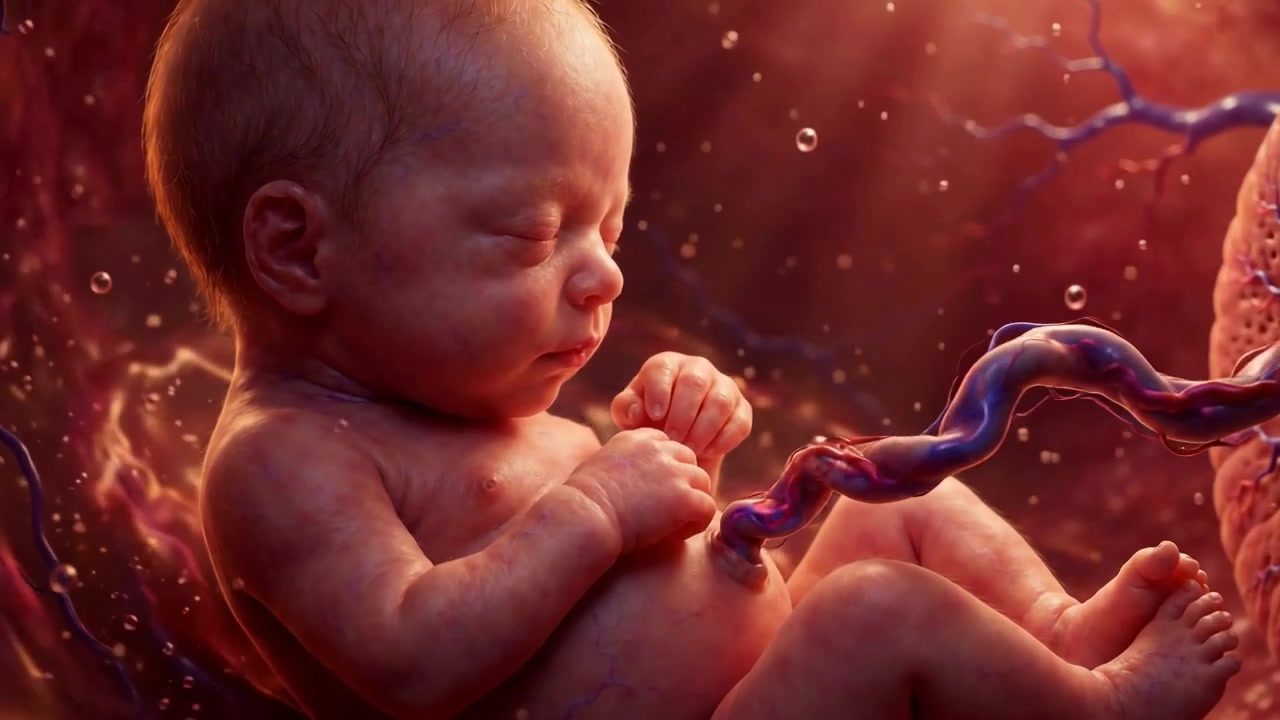 Stunning 3D animation of the human uterus photorealistic fetus curled in womb with umbilical cord, warm red