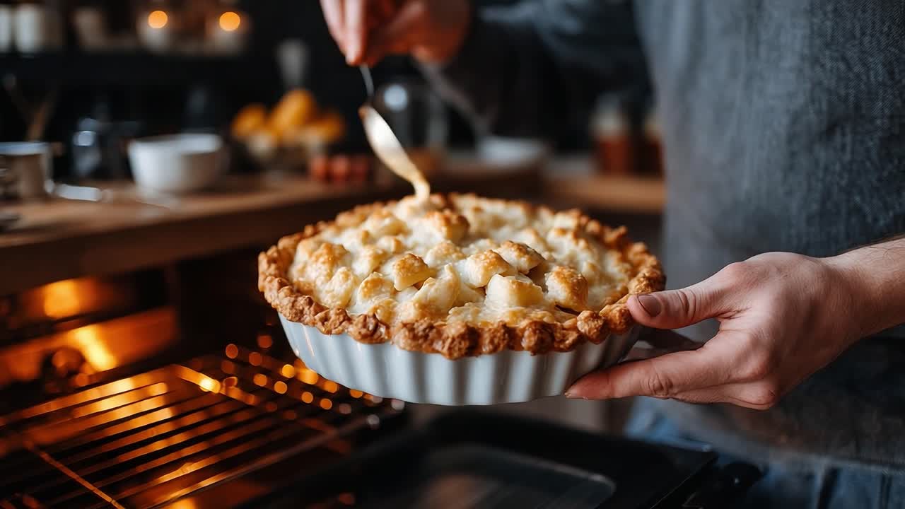 A Perfectly Baked Pie Being Served Fresh from the Oven by a Skilled Home Baker, Showcasing Golden Crust and Delicious Toppings in a Cozy Kitchen Setting