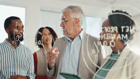 business meeting with diverse team discussing financial planning on whiteboard