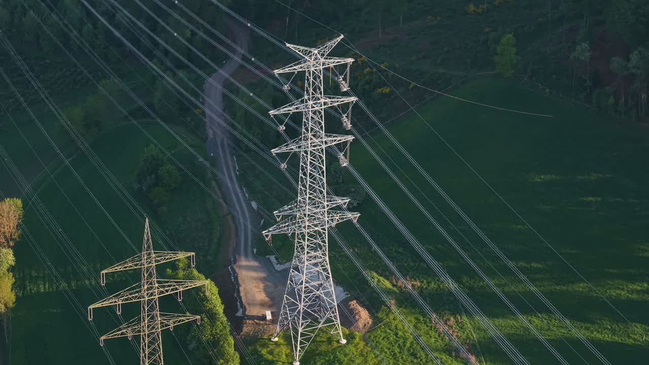 Large electricity transmission tower with high voltage cables above green landscape in Germany