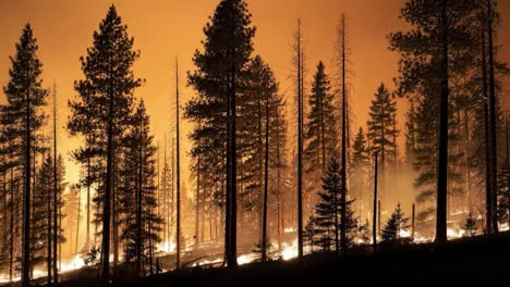 dramatic scene of forest fires: intense flames engulfing trees with a fiery glow amidst the smoky horizon, capturing the battle against nature's fury