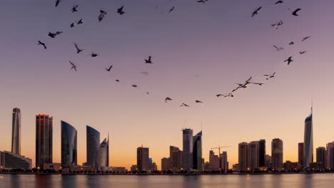 sunrise city skyline with birds