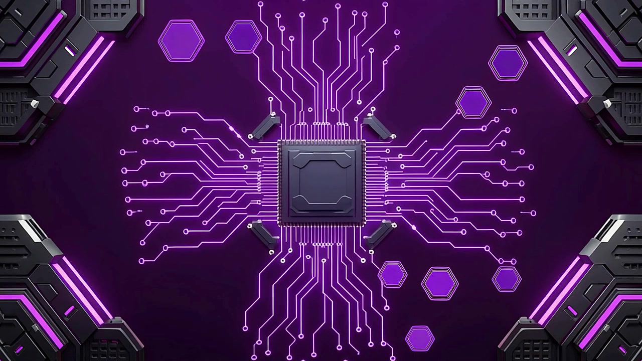 Futuristisk mikrochip med ekspanderende lilla printpladeforbindelser