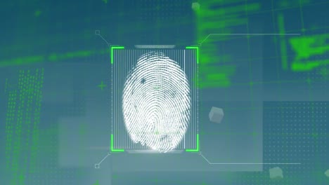 digital animation of biometric fingerprint scanner against data processing on blue background