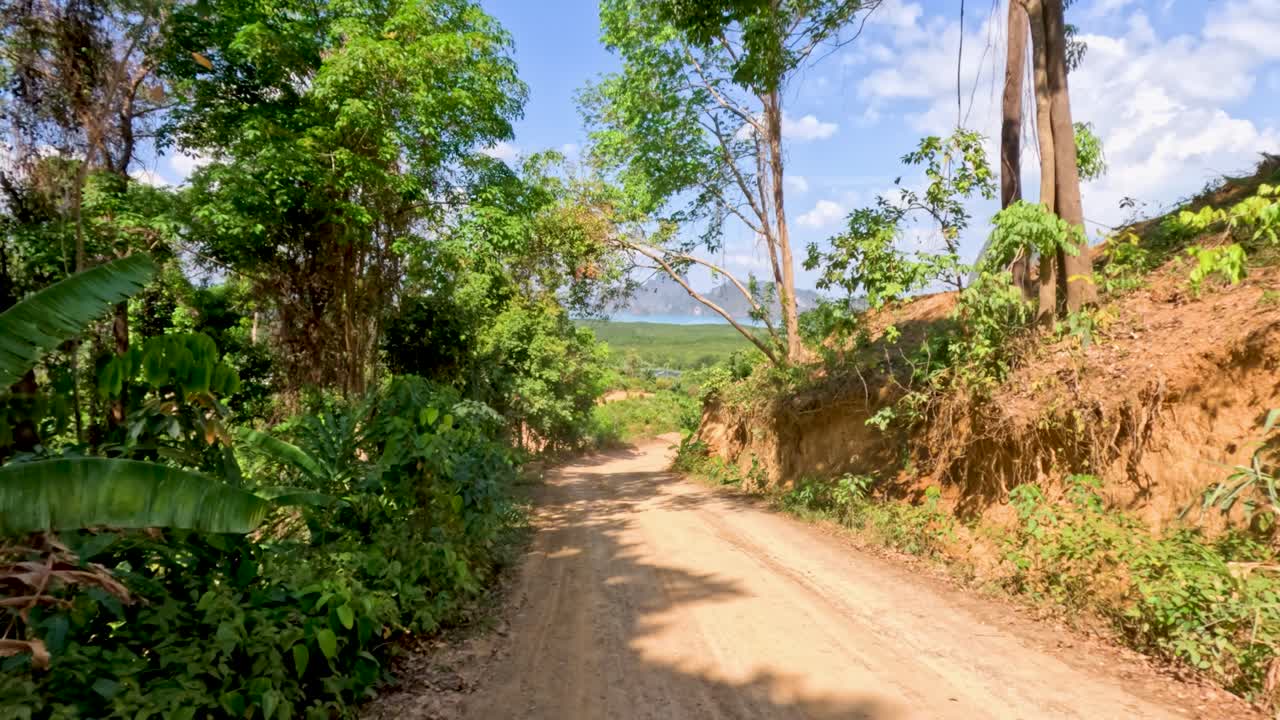 Camera glides along sunlit dirt road, revealing tropical jungle, distant limestone cliffs, and blue sky