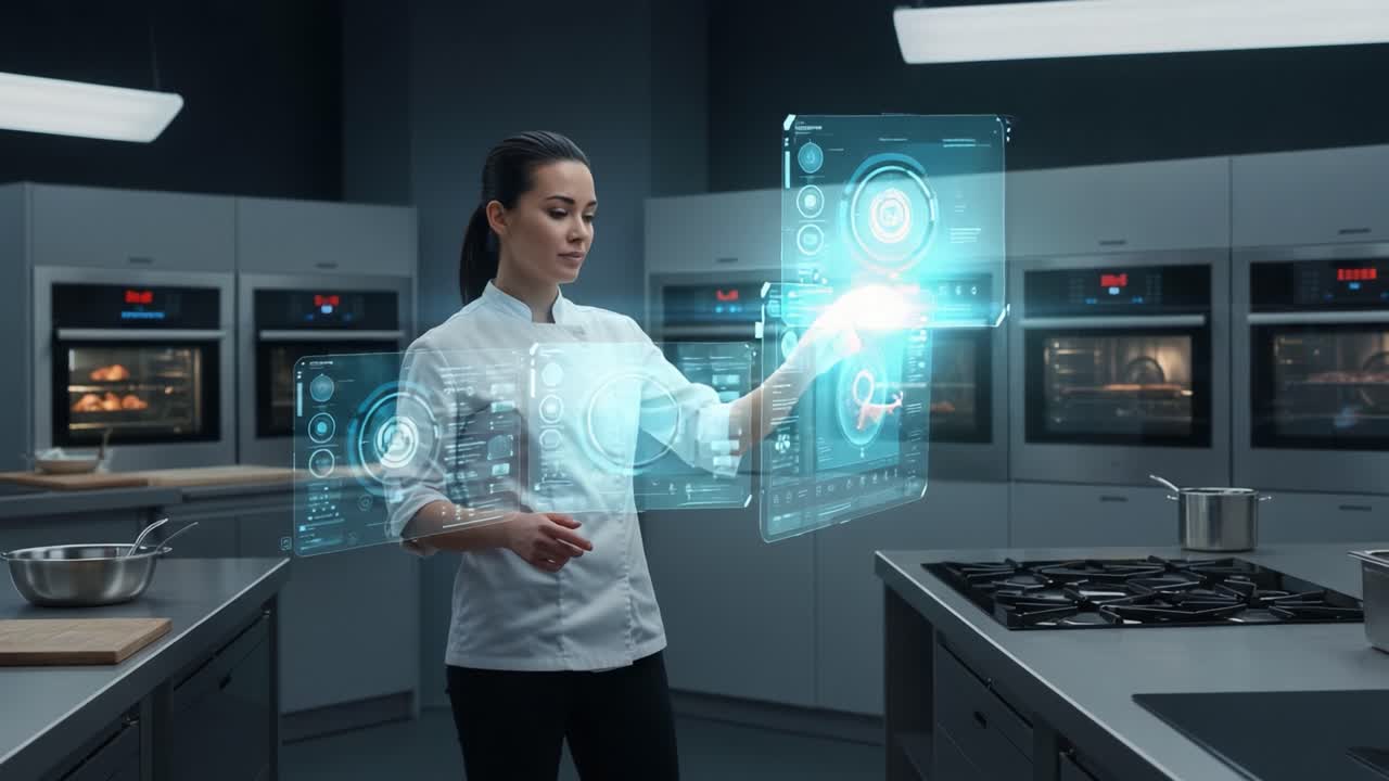 A modern chef utilizing cutting-edge technology in a high-tech kitchen, interacting with holographic interfaces and digital displays to elevate culinary skills and efficiency