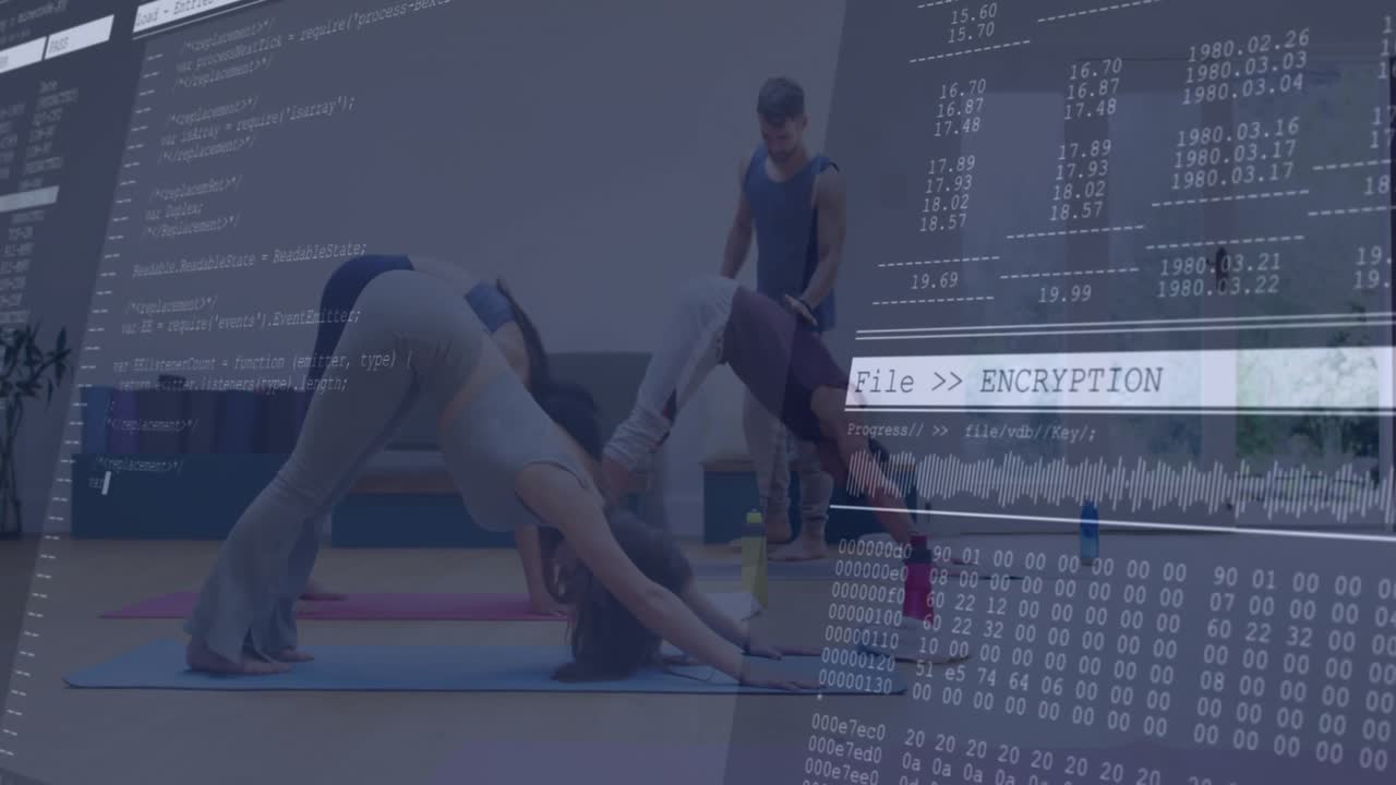 Yoga instructor guiding class in technology studio, showing code snippets, encryption progress bars