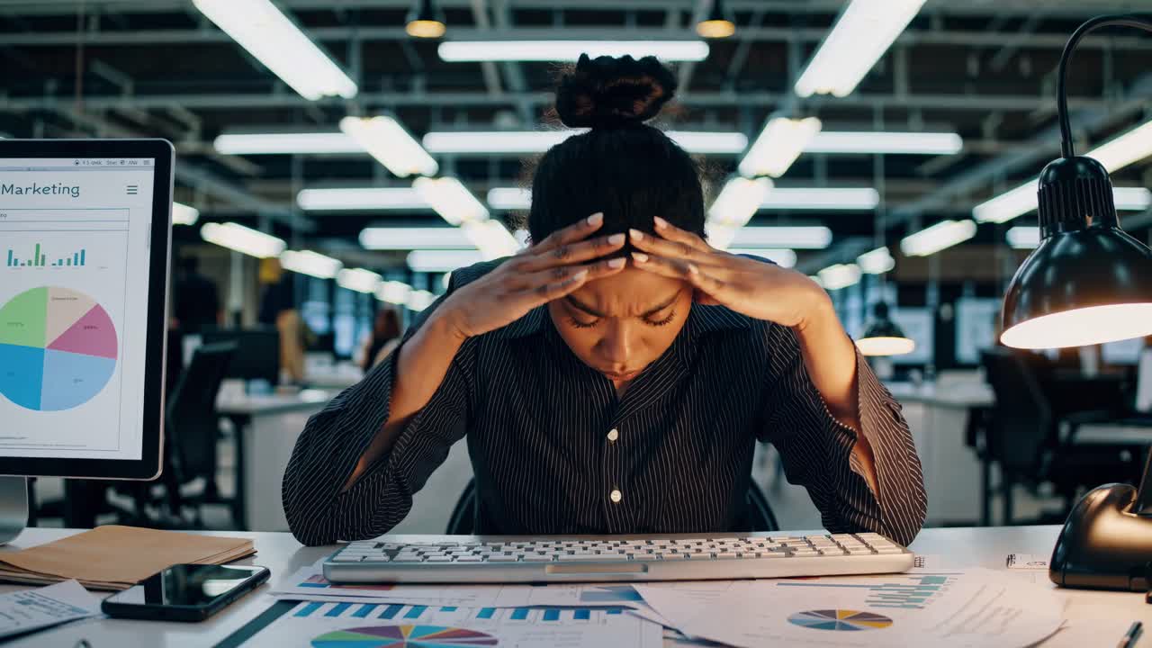 A stressed woman at a desk in an office, viewed from a front angle. The scene captures a tense work
