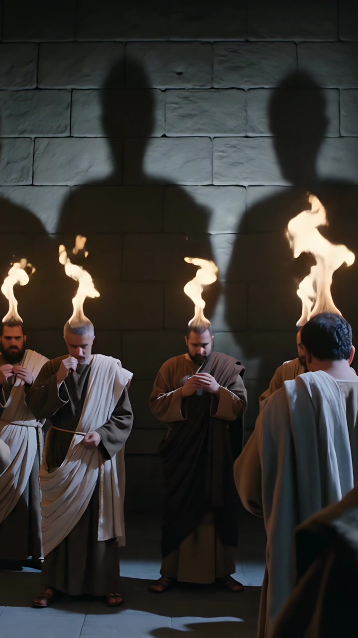 Vertical video: Panning right showing onlooker, robed men holding flames for ritual in stone hall