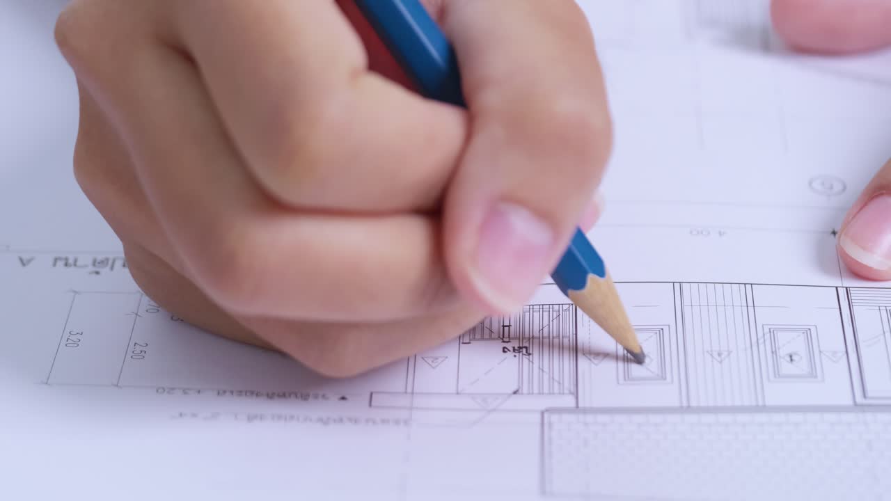 A designer meticulously sketches architectural plans showcasing creativity and precision