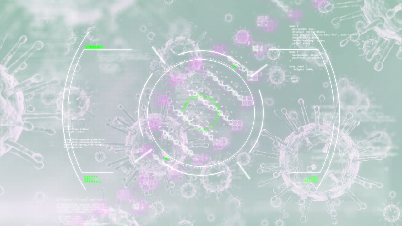 dna 회전 애니메이션, 바이러스, 디지털 인터페이스에서 hud와 함께 데이터 처리