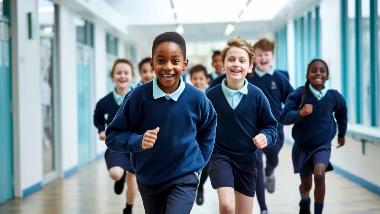 Une image vidéo dynamique d'enfants joyeux en uniformes scolaires courant vers la caméra dans un couloir