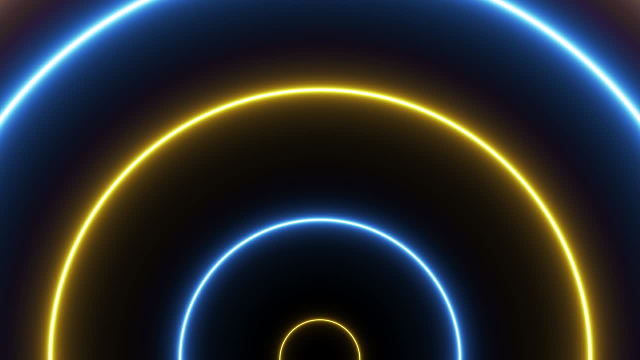 Round blue and yellow lights on a dark animated background. Minimalistic abstract seamless loop motion graphic concept