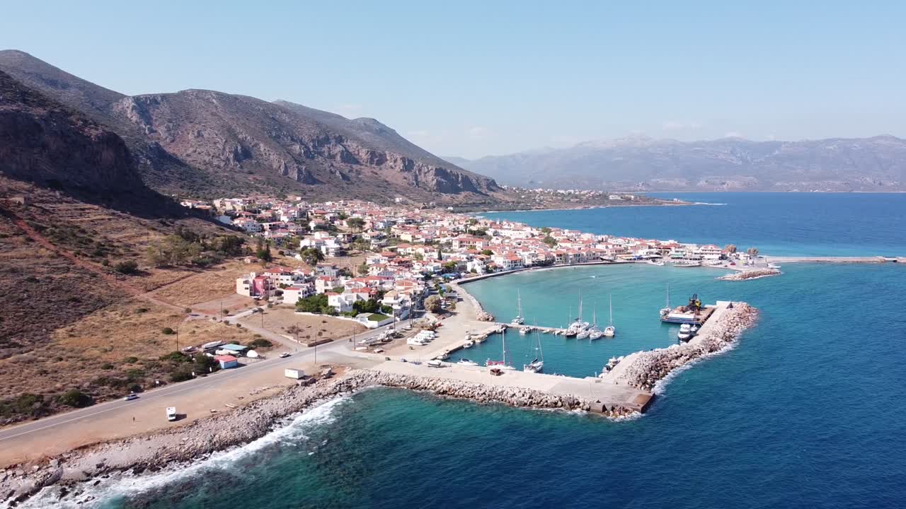 Harbor of Seaside Town Gefira at Lakonia, Peloponnese, Greece - Aerial