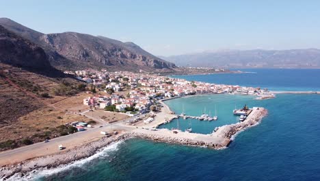 harbor of seaside town gefira at lakonia, peloponnese, greece - aerial