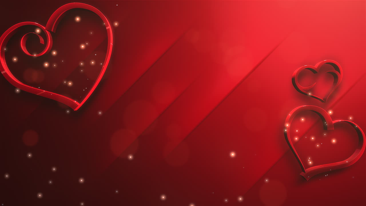 brillos dorados voladores y corazones de san valentín en degradado rojo.