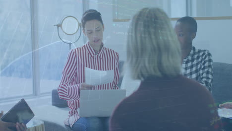 animation of stock market data processing over diverse colleagues passing a document at office
