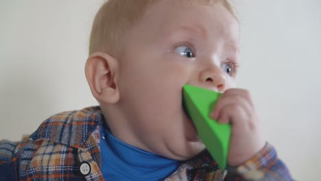 little boy nibbles color toys at wooden table by white wall