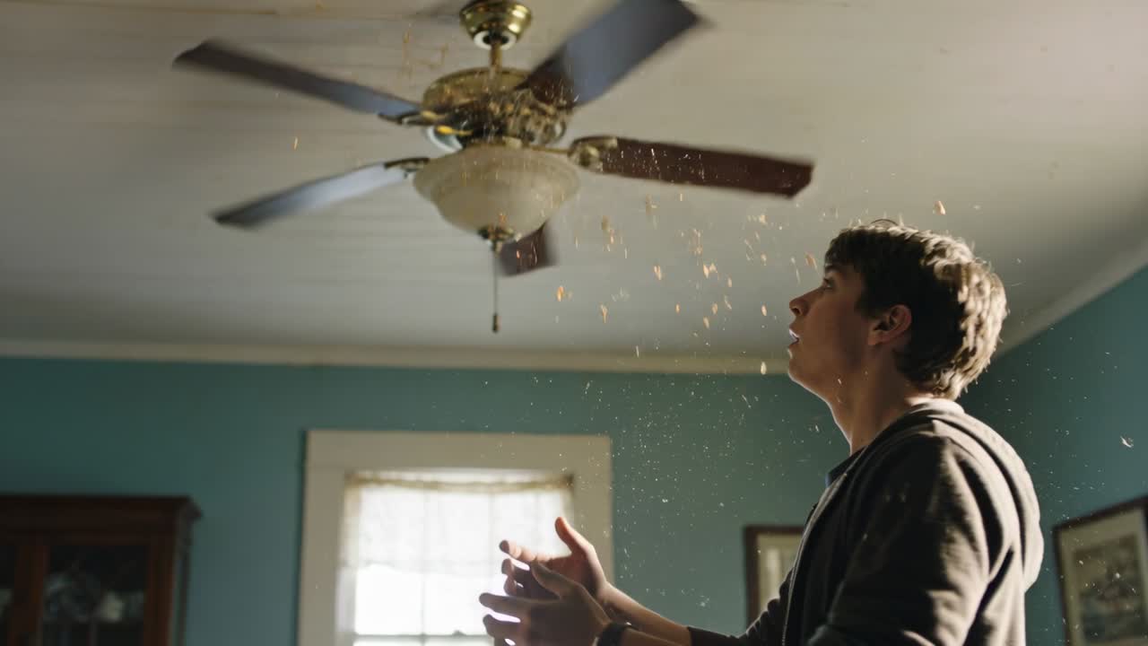 Reaching hoodie teen cupping hands catching crumbs from spinning fan in teal room, copy space