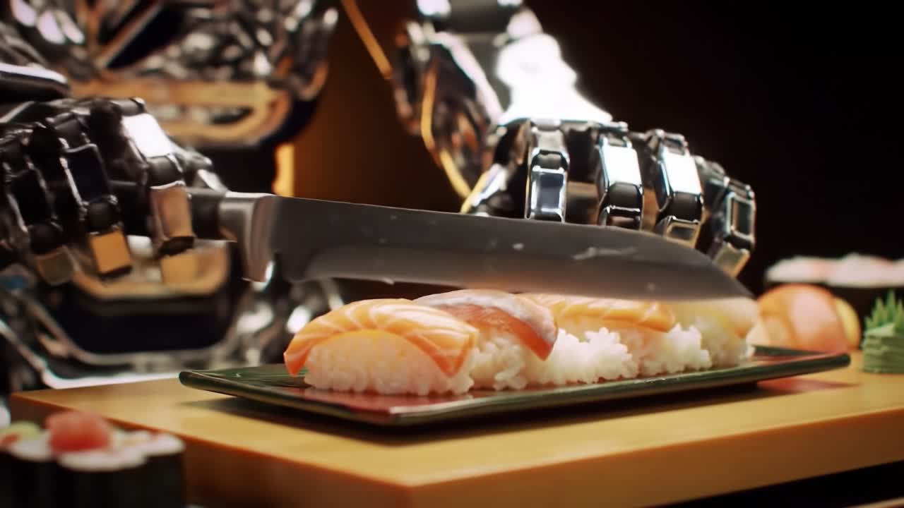 A futuristic robot chef skillfully cuts sushi with a sharp knife, showcasing its culinary abilities. The kitchen is modern and well-equipped, highlighting advanced technology in food preparation.