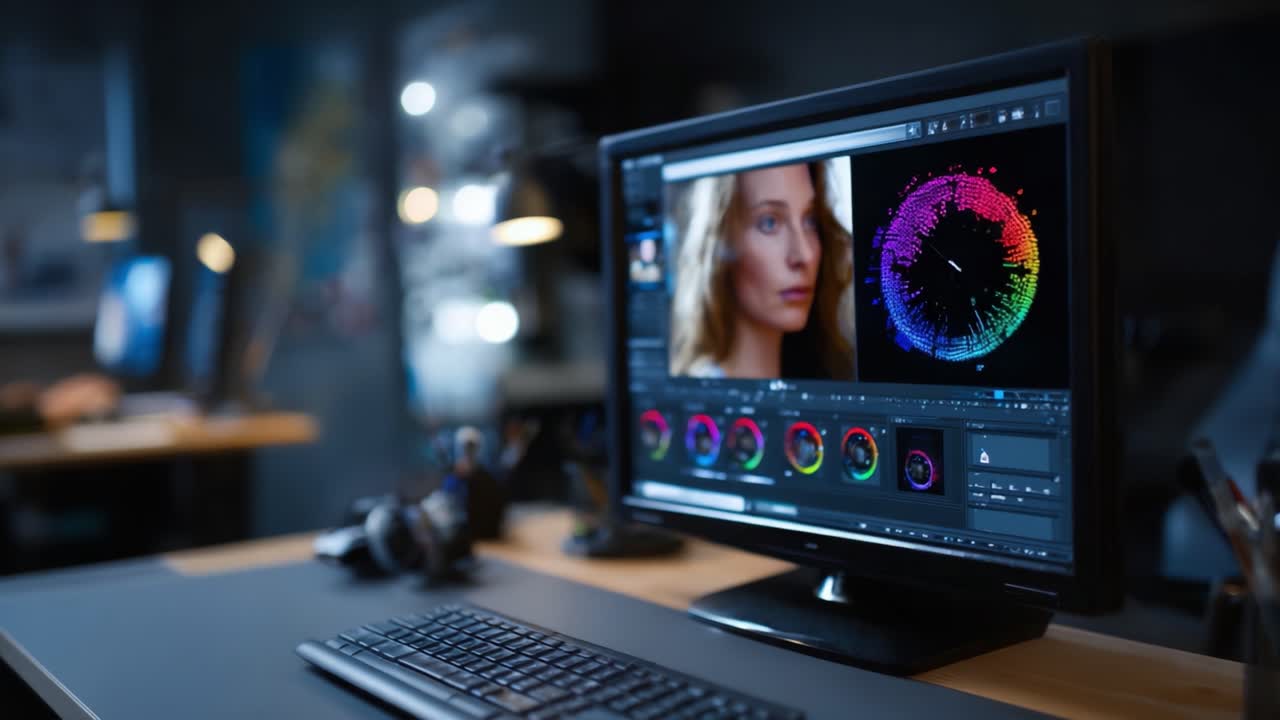 Color Grading Process: A Close-Up on Digital Editing for Portrait Photography in a Modern Workspace with Vibrant Visuals and Tools at Work