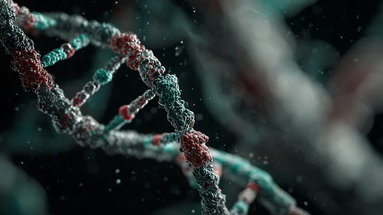 Una Visualizzazione Dettagliata della Struttura e Composizione del DNA, Caratterizzata da Colori e Motivi Distinti in un Ambiente Microbico, Sottolineando la Complessità Genetica e le Informazioni