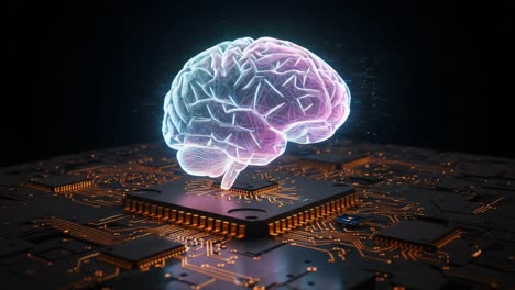 exploring the intersection of artificial intelligence and human cognition with a glowing brain model above a circuit board display