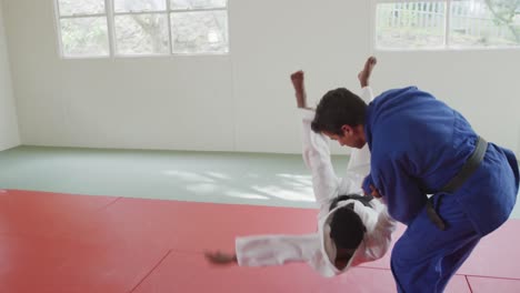 judokas training by doing a randori on the judo mat