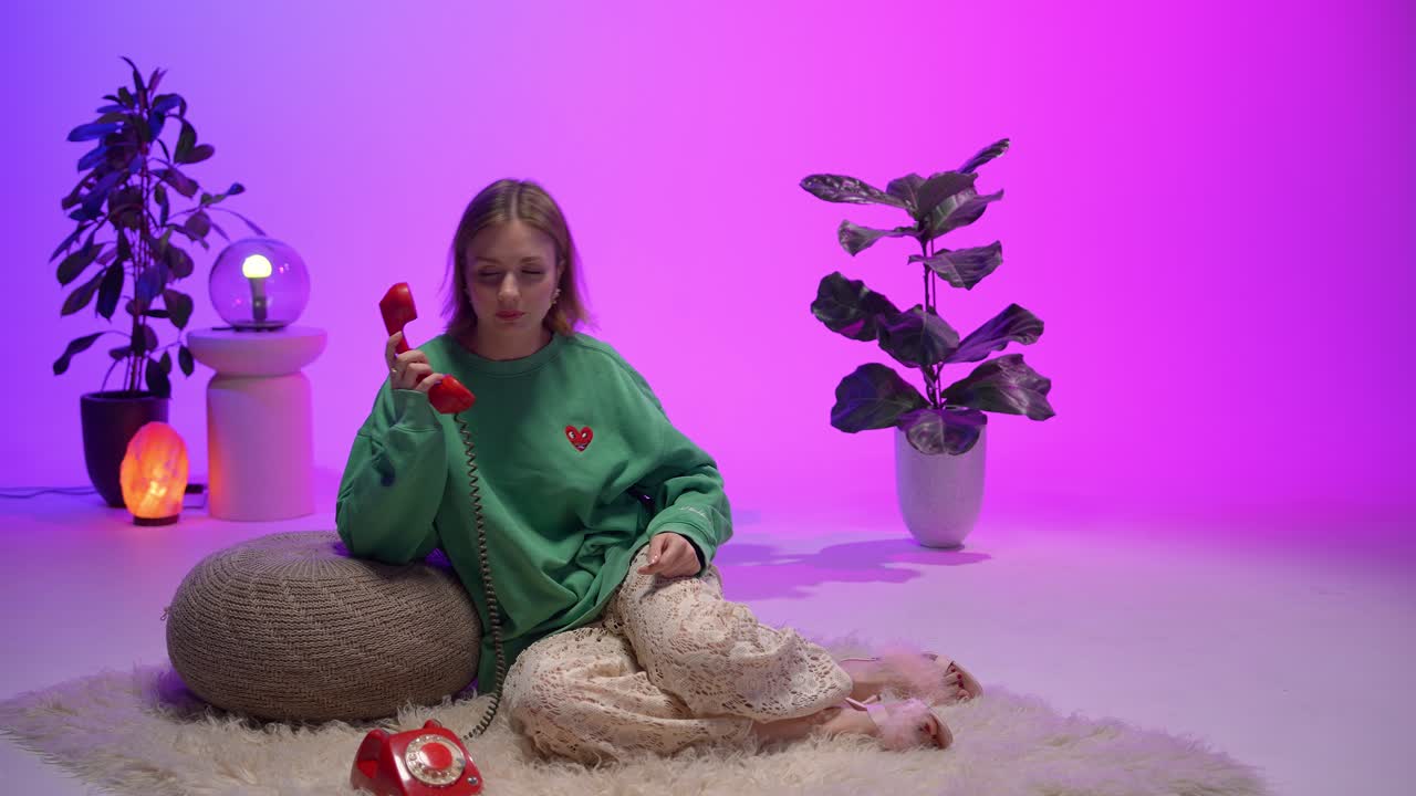 A young woman reclines on a pouf, engaged in a phone call with a vintage red rotary phone. Set against a vibrant pink and purple backdrop, the scene combines retro charm with cozy, modern style